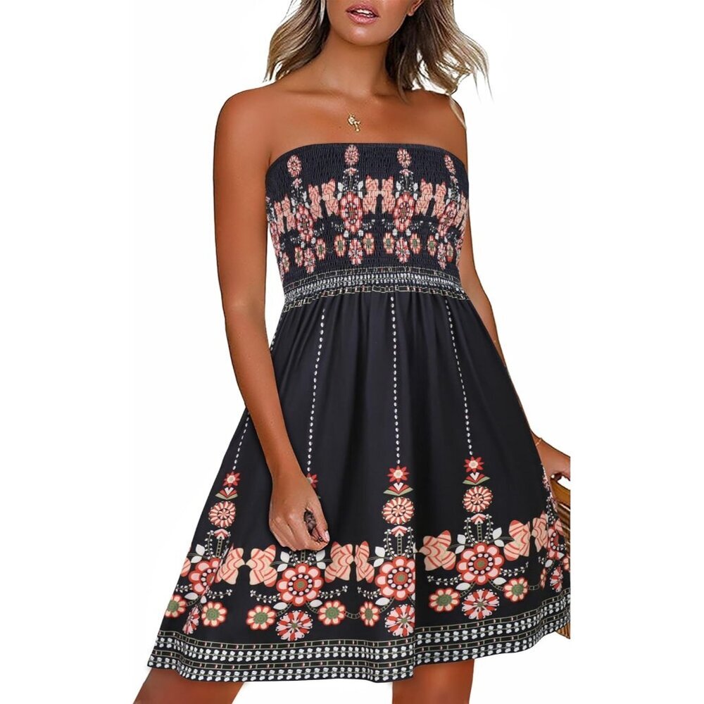Women Boho Red Floral Strapless Off Shoulder Cover Ups Casual Beach Sundress